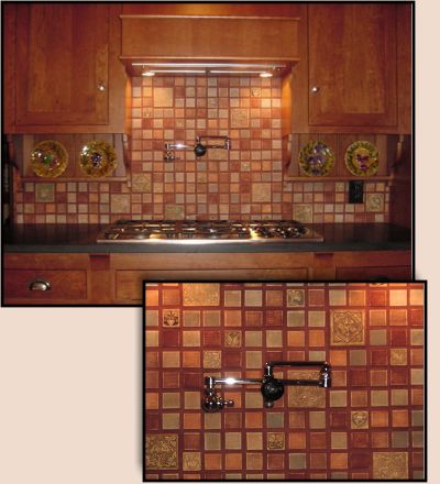 Tile Kitchen Backsplash Pictures on Kitchen Backsplash Utilizes Several Carved Relief Decorative Tiles
